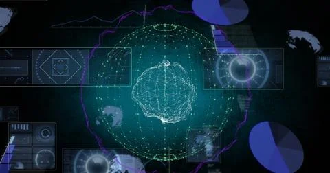 Composition of data processing on screens over globe 스톡 사진