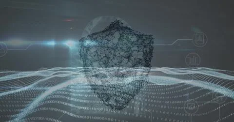 Composition of data processing with shield icon on black background Stock Illustration