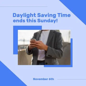 Composition of daylight saving time ends this sunday text with biracial man Stock Photos