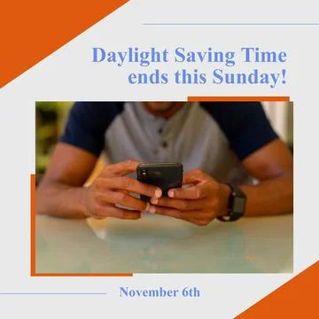Composition of daylight saving time ends this sunday text with biracial man Stock Photos