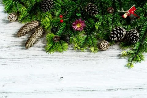 Composition with decorated Christmas tree on rustic wooden background Stock Illustration