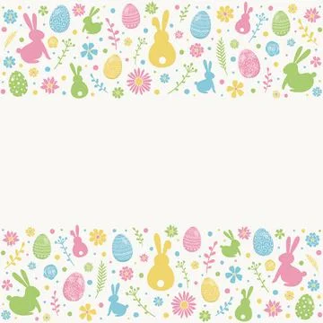 Composition of decorative eggs, bunnies and flowers. Colourful Easter backgro Stock Illustration