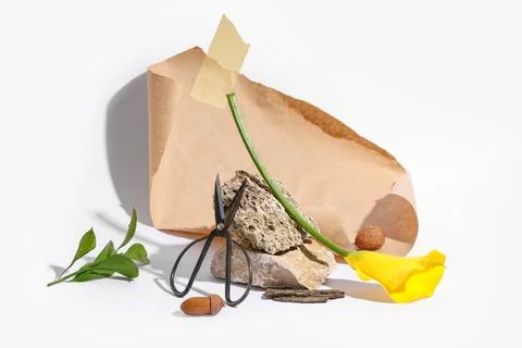 Composition with decorative stones, scissors and beautiful calla flower on wh Stock Photos