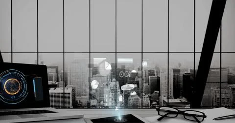 Composition of desk and computer with medical research data with virtual Stock Photos