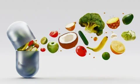 Composition with dietary supplements vegetables capsules. Variety of drug pills Stock Illustration
