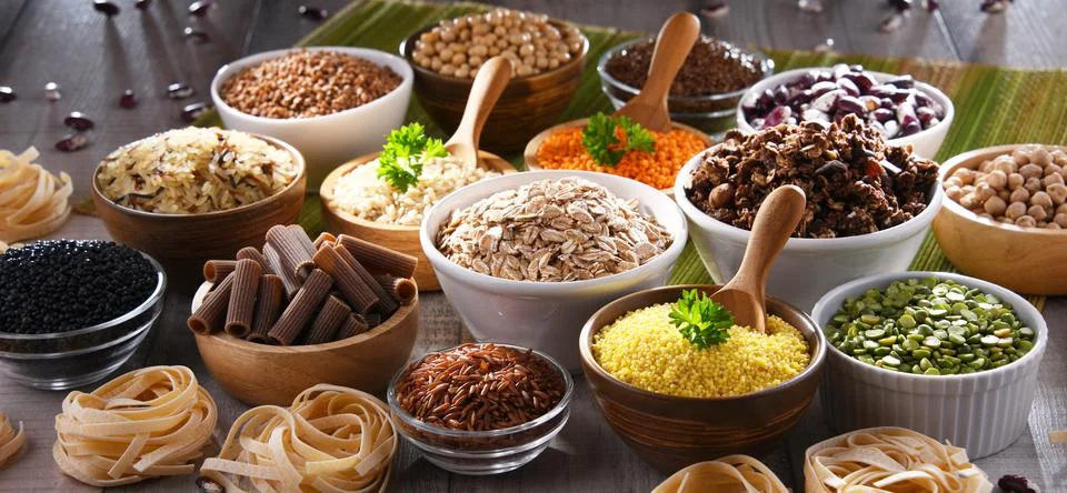 Composition with different kinds of dry food products Stock Photos