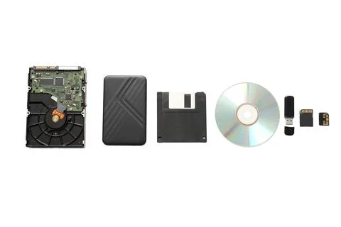 Composition with different memory storage devices on white background Stock Photos