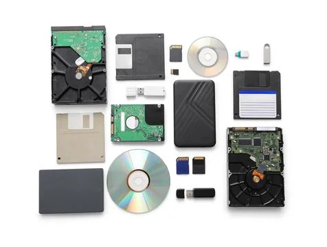 Composition with different memory storage devices on white background Stock Photos
