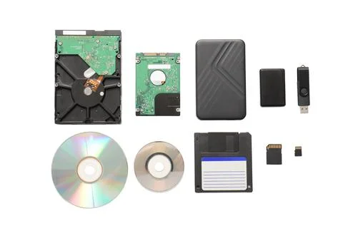 Composition with different memory storage devices on white background Stock Photos