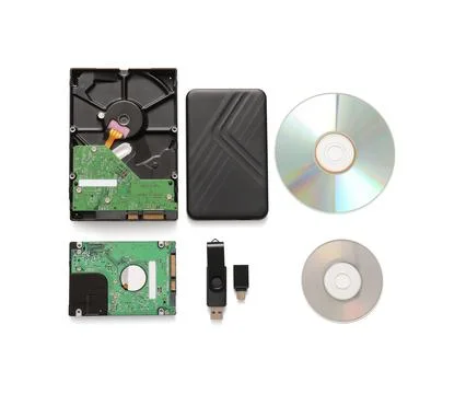 Composition with different memory storage devices on white background Stock Photos