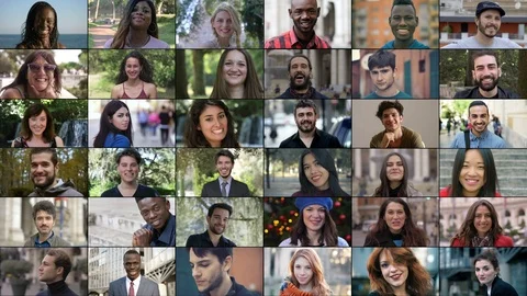 Composition on different multiethnic people smiling at camera Video stock 120422759