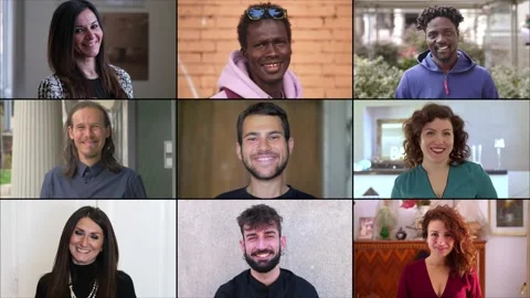 Composition on different multiethnic people smiling at camera 스톡 동영상 219395986