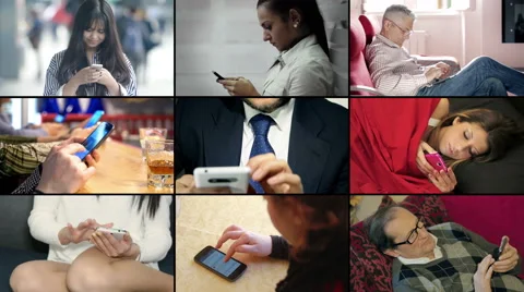 Composition of different in sex and age people while using smartphone Stock Footage 63421172