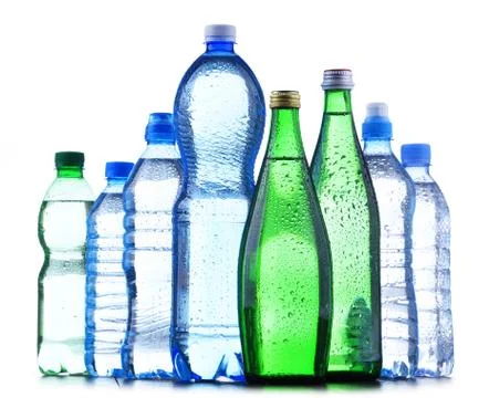 Composition with different sorts of bottles containing mineral water isolated Stock Photos