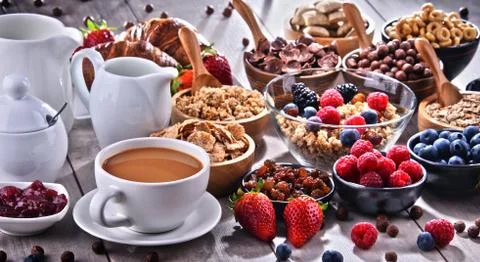 Composition with different sorts of breakfast cereal products and fresh fruit Stock Photos