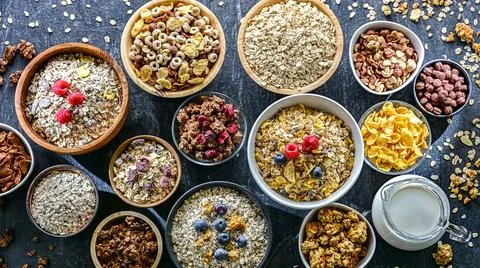 Composition with different sorts of breakfast cereal products Foto stock