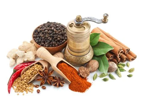 Composition with different spices and herbs isolated Stock Photos