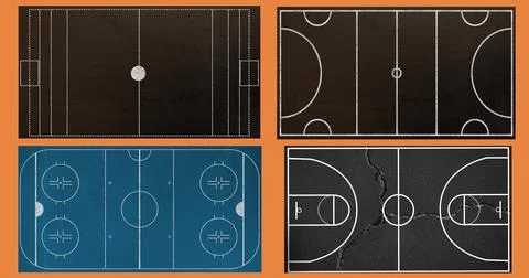 Composition of different sports fields on red background 스톡 일러스트