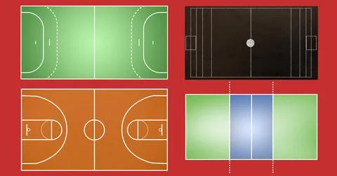Composition of different sports fields on red background 스톡 일러스트