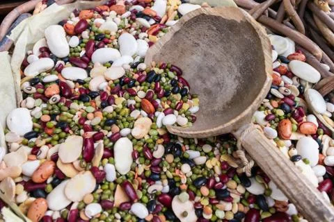 Composition of different types of legumes. Chickpeas, red lentils, yellow pea Stock Photos