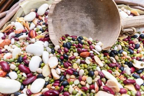 Composition of different types of legumes. Chickpeas, red lentils, yellow pea Stock Photos