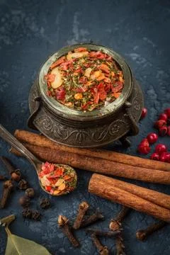 Composition with different types of spices. Still life. Stock Photos