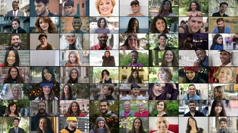 Composition of differerent for age, race, sex people smiling at camera Stock Footage 120933101