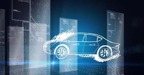 Composition of digital circuit board and binary coding over car drawing 스톡 사진