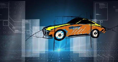 Composition of digital circuit board and binary coding over car drawing Stock Photos