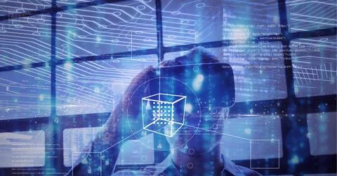 Composition of digital cube and data processing over man wearing vr headset Illustrazione stock