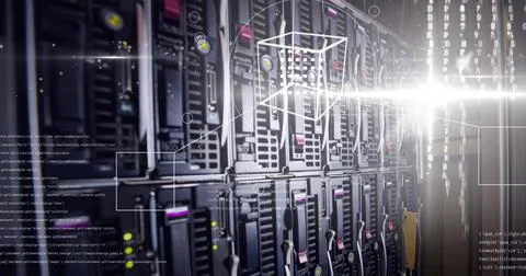 Composition of digital cube and data processing over computer servers Stock Photos