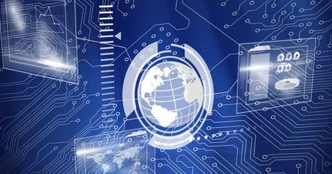 Composition of digital data processing, globe and computer circuit board Stock Illustration