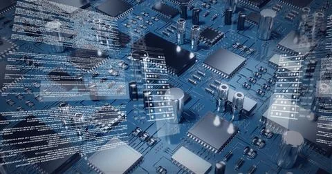 Composition of digital data processing over computer circuit board background Stock Illustration