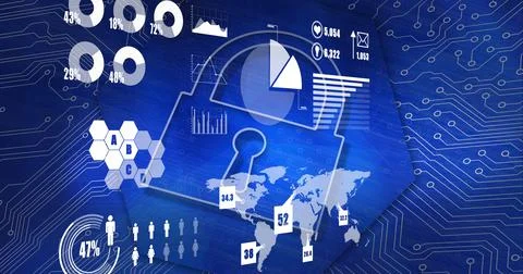 Composition of digital data processing, security padlock and computer circuit Stock Illustration