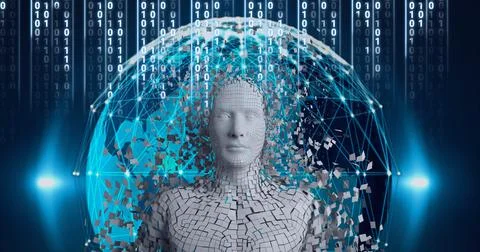 Composition of digital human and globe with network of connections over binary Illustrazione stock