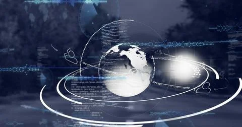 Composition of digital icons and data processing over globe and landscape イラスト素材