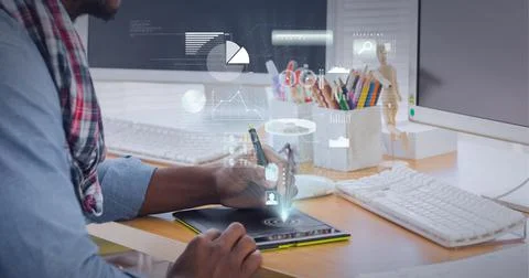Composition of digital icons and data processing over man using graphic tablet 스톡 사진