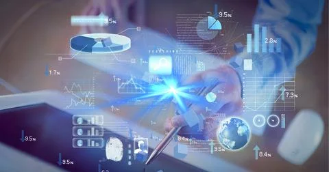 Composition of digital icons and data processing over man touching computer 스톡 사진