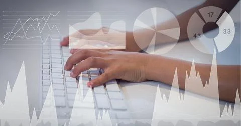 Composition of digital icons and data processing over woman typing on computer Stock Photos
