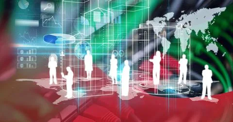 Composition of digital icons, data processing and world map 스톡 일러스트