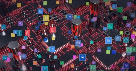 Composition of digital icons over computer processor circuit board 스톡 일러스트