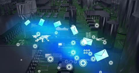 Composition of digital icons over computer processor circuit board server Illustrazione stock