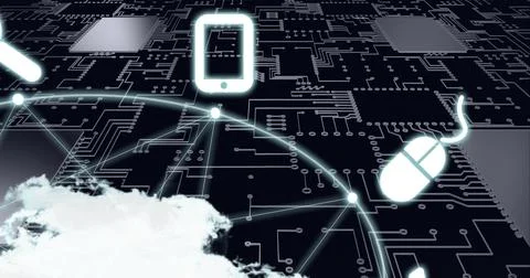 Composition of digital icons over computer circuit board Illustrazione stock
