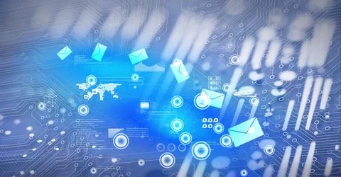 Composition of digital icons over computer circuit board Illustrazione stock