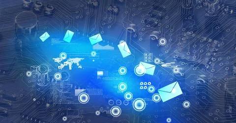Composition of digital icons over computer circuit board Illustrazione stock