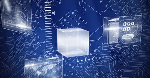 Composition of digital icons over computer circuit board on blue background 스톡 일러스트