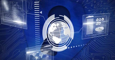 Composition of digital icons over computer circuit board on blue background イラスト素材