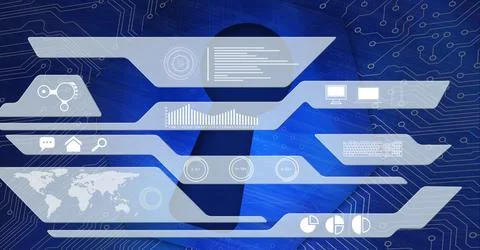 Composition of digital icons over computer circuit board on blue background Stock Illustration