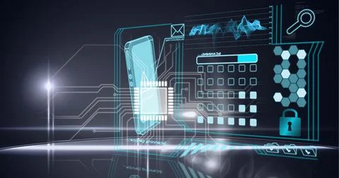 Composition of digital icons over data processing and computer circuit board Stock Photos