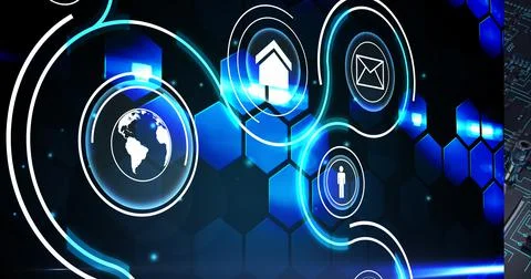 Composition of digital icons over hexagons and computer processor circuit board Illustrazione stock